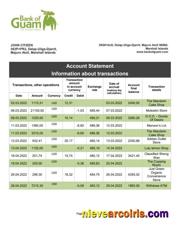 Marshall Islands Bank of Guam bank statement